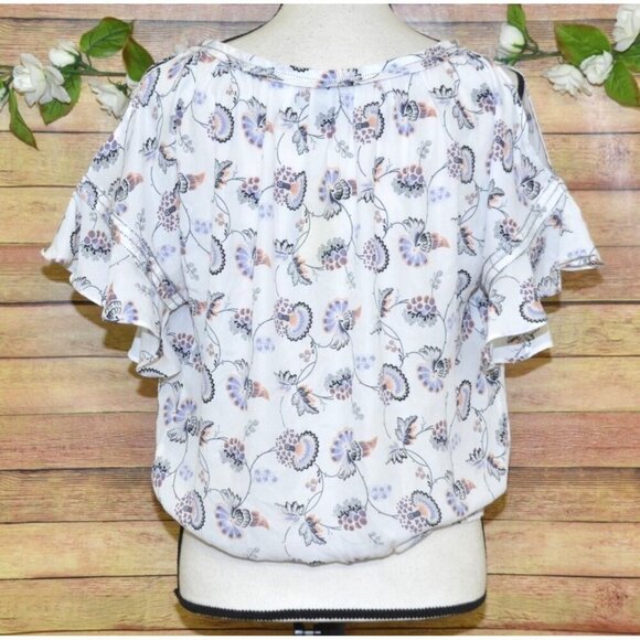 NWT Max Edition Ladies Size M Chiffon Short Ruffle Sleeve Floral Top Blouse Elas - Picture 7 of 10